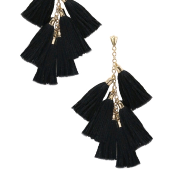 Ettika Daydreamer Black Tassel Fringe Earrings 18K Gold-plated Dangling Drop - Picture 1 of 5